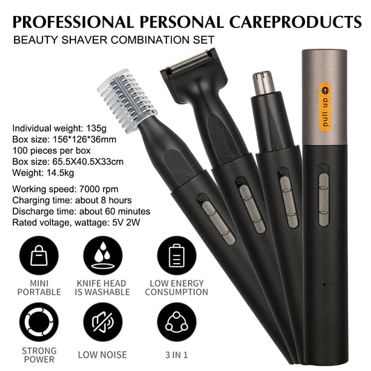 Recortadora de nariz, orejas y barba recargable eléctrica indolora 3 en 1 para hombres, recortadora de vello facial de cejas. in 1 Painless Electric Rechargeable Nose Ear & Beard Trimmer for Men Facial Eyebrow Hair Trimmer