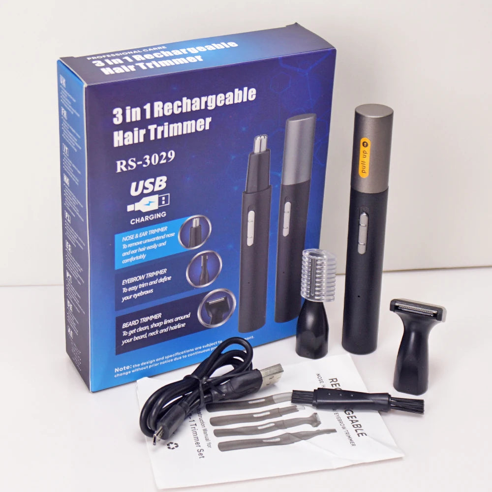 Recortadora de nariz, orejas y barba recargable eléctrica indolora 3 en 1 para hombres, recortadora de vello facial de cejas.  in 1 Painless Electric Rechargeable Nose Ear & Beard Trimmer for Men Facial Eyebrow Hair Trimmer
